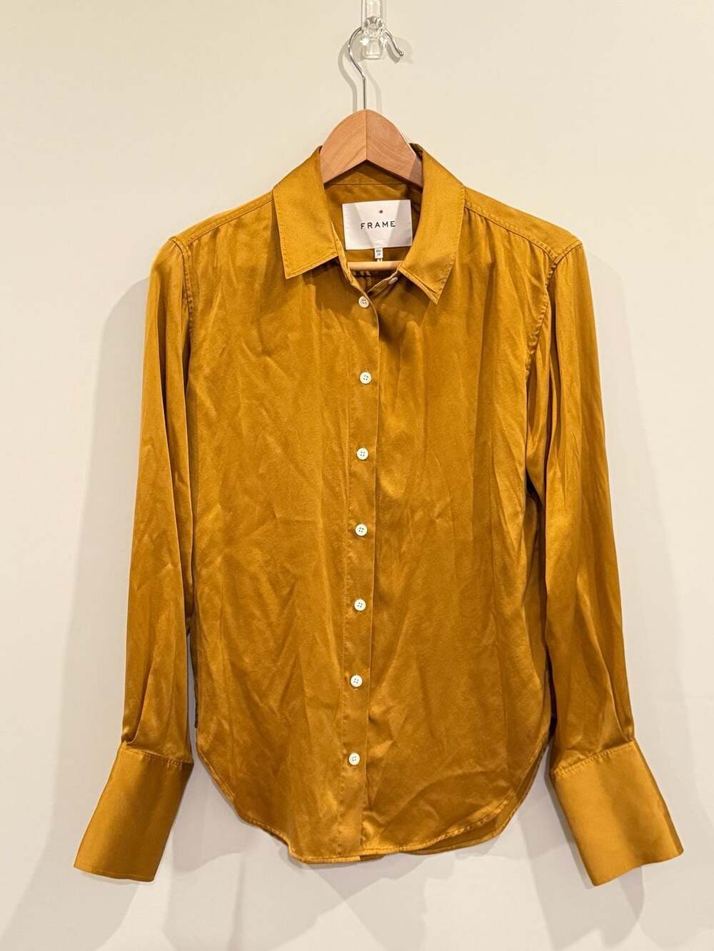 FRAME Silk Blend Mustard Yellow Long Sleeve Button Up Shirt Blouse XS LWSH2434 - Picture 2 of 6